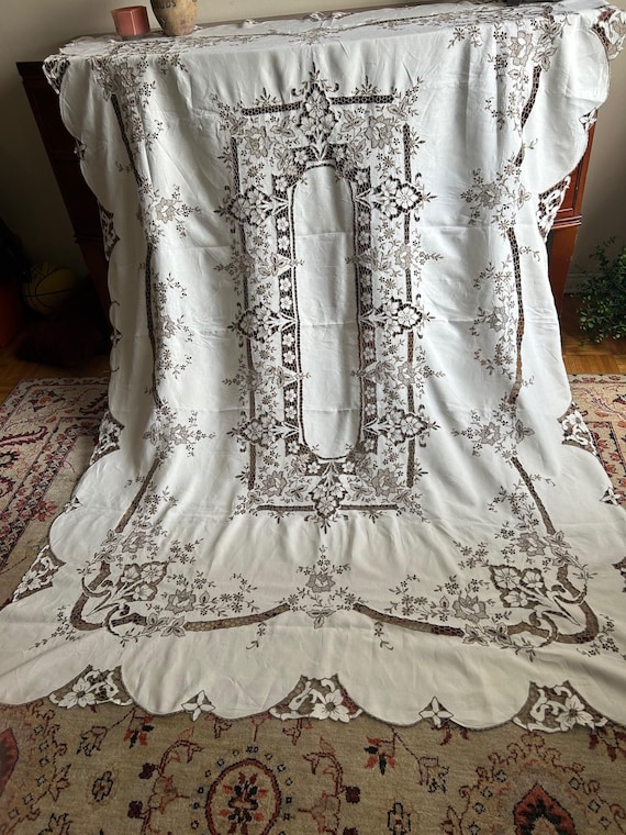 Madeira Linen Tablecloth, Cream & Chocolate Hand-Embroidered Floral, 89x67, Vintage 1960s