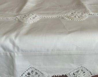 Premium white cotton PILLOWCASES 30X22" + 3" hand crochet lace border.  Made in USA c 1980. Pristine condition.