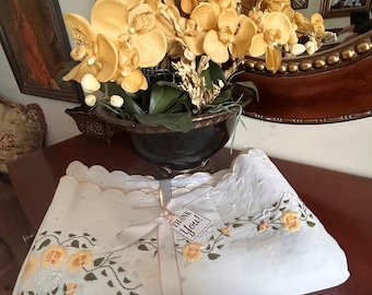 Brazilian yellow floral hand-embroidered white cotton/linen blend tablecloth c1990 size 132X84 inches. Excellent condition.