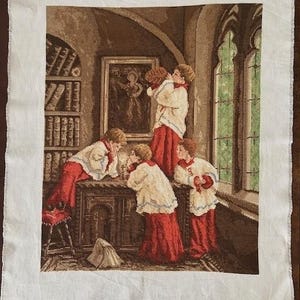 Altarpojkarnas gobeläng: Jose Lull-målning, Petit Point, tillverkad i Spanien