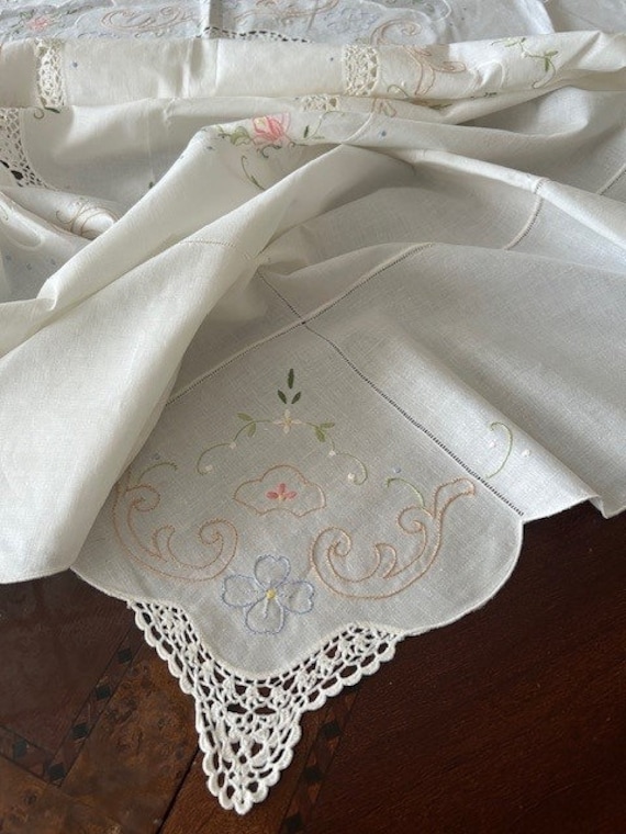 Vintage Embroidered Cotton Tablecloth, Pastel Floral Crochet Lace, 67x52