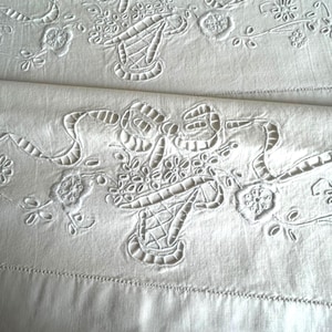 Pair of White Madeira heavy cotton PILLOWCASES 30 X 19.5&quot; embroidered hand cutwork baskets and florals. From Madeira c1980. MINT