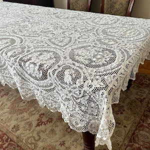 Stunning WHITE Antique Point de Venise Tablecloth 100X62&quot; made in Italy c1940. Excellent condition.