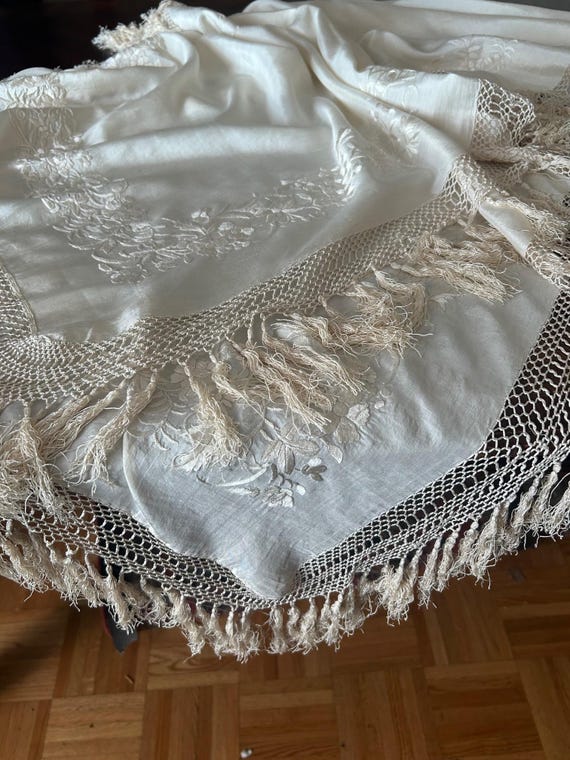 Antique Hand Embroidered Silk Piano Shawl, Rectangular 112X24". Magnificent!
