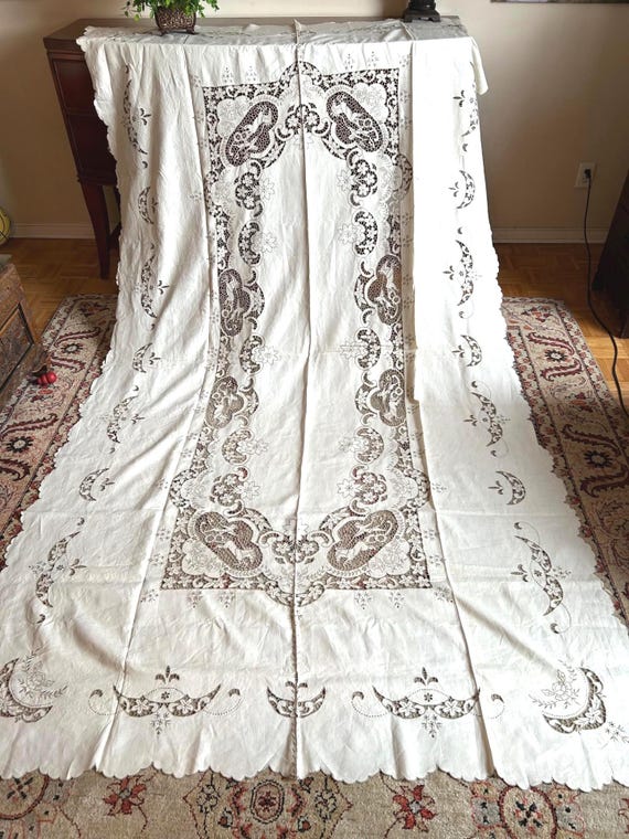 本物のマデイラ リネン テーブルクロス 66X120 インチ + ナプキン 12 