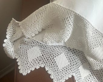 Premium white cotton PILLOWCASES 35X19 + 4" hand crochet lace border.  Made in USA c 1980. Pristine condition.