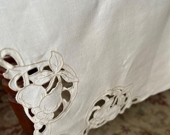 Mantel vintage de lino Madeira, bordado a mano con frutas, 50x50