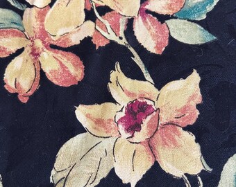 Stunning Barkcloth intense black + mustard hibiscus + lime leaves measuring 55X78 inches. Make tablecloth/cushion covers. MINT condition.