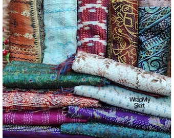 Silk Knatha Scarf, Kantha Hand stitched Scarf, Recycled Silk Scarf, Vintage Reversible scarf, Ladies scarf, silk scarf, ethical, handmade