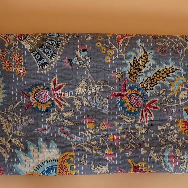 Indian Kantha Quilt Handmade Kantha Bedcover Indian Kantha Bedspread Throw Cotton Blanket Gudari Kantha King Size Indian Quilt