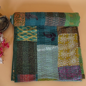 PATCHWORK KANTHA QUILT Indian Vintage Throw Blanket Silk Bedcover Handmade Bohemian Coverlets Queen Twin size Bedspread Quilts For Sale