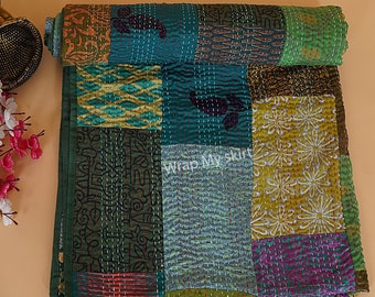 Colcha Kantha de patchwork, manta vintage india, cubrecama de seda, colcha bohemia hecha a mano, cubrecamas tamaño Queen/Twin, edredones en venta
