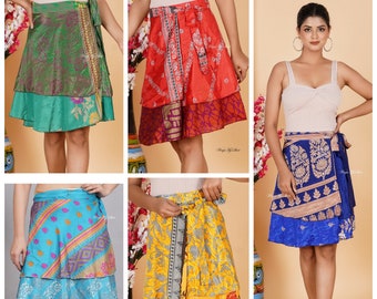 Pack Of Vintage Mini Silk Wrap Skirt - 21" Long Boho Hippie Mangic Wrap Mini Skirt Indian Handmade Skirts