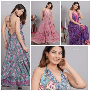 Indian Silk Dress / Casual Bohemian Halter dress / Beach Dress / boho dress / Goddess Maxi Dress / Open Back Dress / Silk Long Dress
