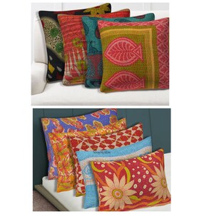 May include: A set of six colorful, patterned throw pillows. The pillows are made of kantha fabric, a traditional Indian textile. The pillows are arranged in two stacks, with three pillows in each stack. The pillows are all different colors and patterns, but they all have a similar style. The pillows are perfect for adding a touch of color and style to any room.