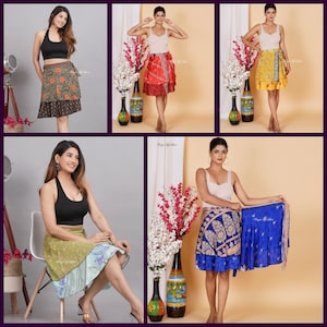 Lot 5 Pc Summer Wrap Around Skirt Reversible Two Layer Hippie Boho Silk Sari Multi Color Wrap Around Assorted Design Mini Skirt