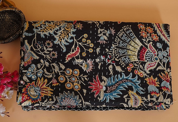 New Floral Print Kantha Quilt Bedspread Kantha Bedcover Kantha Coverlet Handmade Kantha Bedding Throw Kantha King Size 108X90 Inch