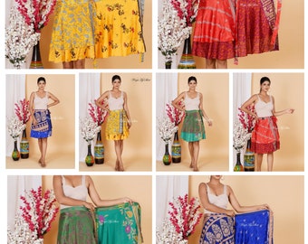 Indian Silk Mini Wrap Skirts Vintage Silk Double Layer Bohemian Hippie Beach Magic Wrap Skirt Tie