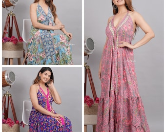 Indian Silk Dress / Casual Bohemian Halter dress / Beach Dress / boho dress / Goddess Maxi Dress / Open Back Dress / Silk Long Dress