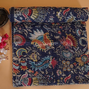 New Cotton Hand Stitched Quilt Kantha Throw Indian quilted bedding bedspread Bohemian Quilt Comforter Gifts Quilt Blue