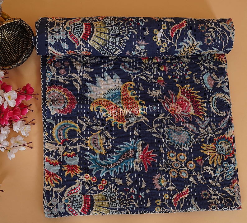 New Cotton Hand Stitched Quilt Kantha Throw Indian quilted bedding bedspread Bohemian Quilt Comforter Gifts Quilt Blue