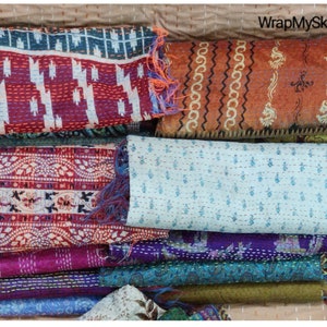 Indian Kantha Silk Scarf, Handmade Vintage Reversible Kantha Scarf, Hand Made, 100% Raw Silk Kantha Scarf image 5