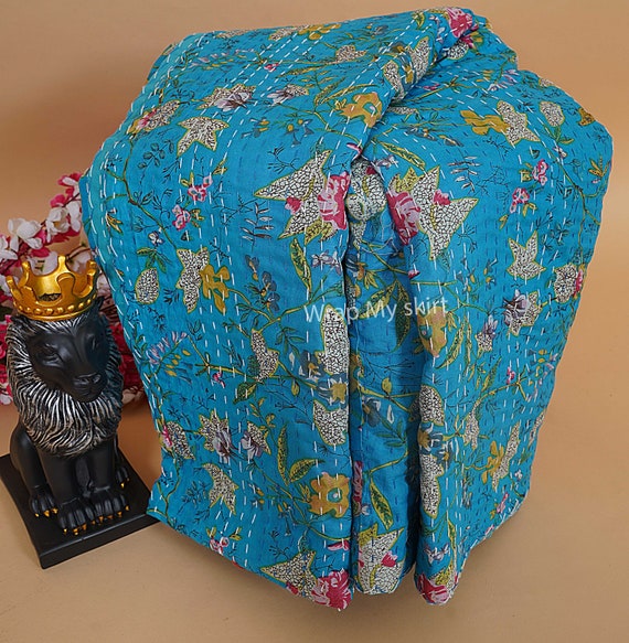 Indian Kantha Quilt Hand Made Print Kantha Throw Indian Blanket Queen Bedspread Kantha Bed Cover Bohemian Quilt King Size Quilt