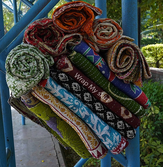 Solid multi color Kantha Quilt, Cotton Kantha Quilt, Handmade Quilt, Natural color Kantha Blanket Throw King Size Hand Stitched Quilt