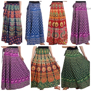 May include: Six different patterned wrap skirts in various colors, including blue, red, purple, and green. The skirts are made of cotton and have a flowing, bohemian style.