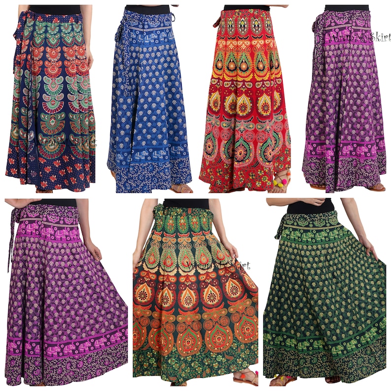 May include: Six different patterned wrap skirts in various colors, including blue, red, purple, and green. The skirts are made of cotton and have a flowing, bohemian style.