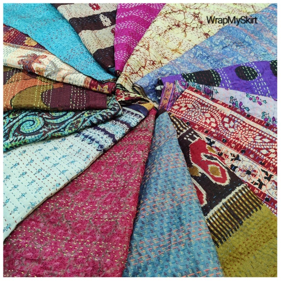 Indian Kantha Silk Scarf, Handmade Vintage Reversible Kantha Scarf, Hand Made, 100% Raw Silk Kantha Scarf