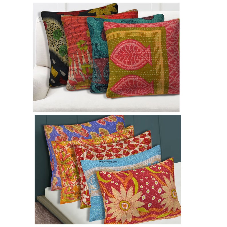 May include: A set of six colorful, patterned throw pillows. The pillows are made of kantha fabric, a traditional Indian textile. The pillows are arranged in two stacks, with three pillows in each stack. The pillows are all different colors and patterns, but they all have a similar style. The pillows are perfect for adding a touch of color and style to any room.