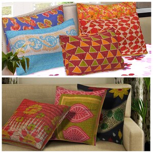 May include: Assortment of colorful patterned throw pillows with various designs, including floral, geometric, and paisley patterns. The pillows are arranged on a couch and a bed, showcasing their vibrant colors and intricate details.