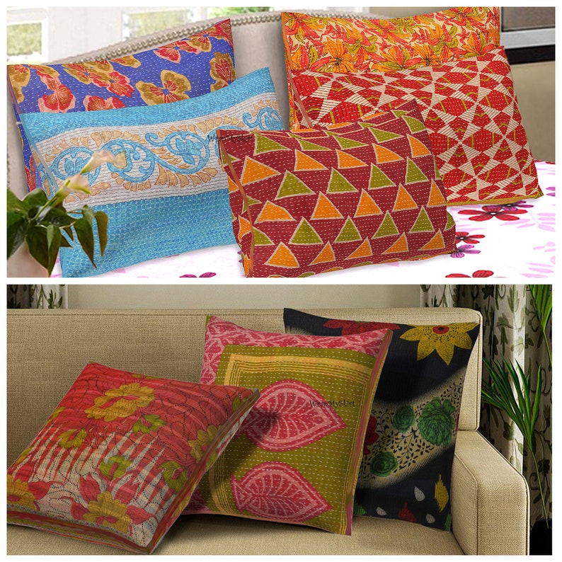 May include: Assortment of colorful patterned throw pillows with various designs, including floral, geometric, and paisley patterns. The pillows are arranged on a couch and a bed, showcasing their vibrant colors and intricate details.