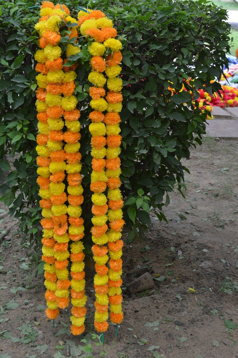 May include: A garland of yellow and orange marigold flowers, strung together in a long strand. The garland is hanging from a tree branch.