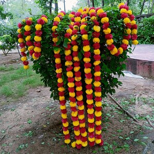 May include: A garland of yellow and red artificial flowers, strung together in a long chain, hangs from a tree branch. The garland is made of fabric flowers and is a popular decoration for weddings and other special events.