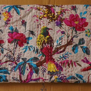 Indian cotton Bird Print kantha quilt Bedding throw sofa coverlet bedspread single size Handmade blanket