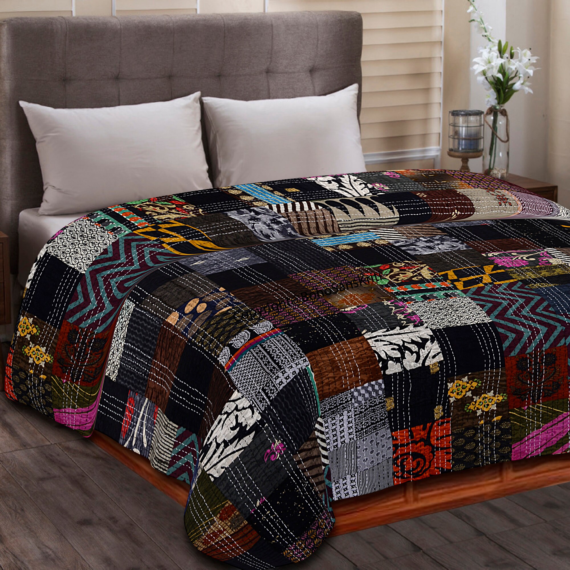 Bohemian Traditional Indian Patchwork Quilt King Size Hippie Quilt Vintage Quilted Blanket Throw Bedspread Cotton Silk Kantha Quilt Bedding