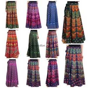 May include: Twelve different long, colorful wrap skirts with various floral and paisley patterns. The skirts are made of cotton and have a tie closure at the waist.