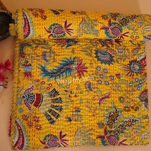 New Cotton Hand Stitched Quilt Kantha Throw Indian quilted bedding bedspread Bohemian Quilt Comforter Gifts Quilt Yellow