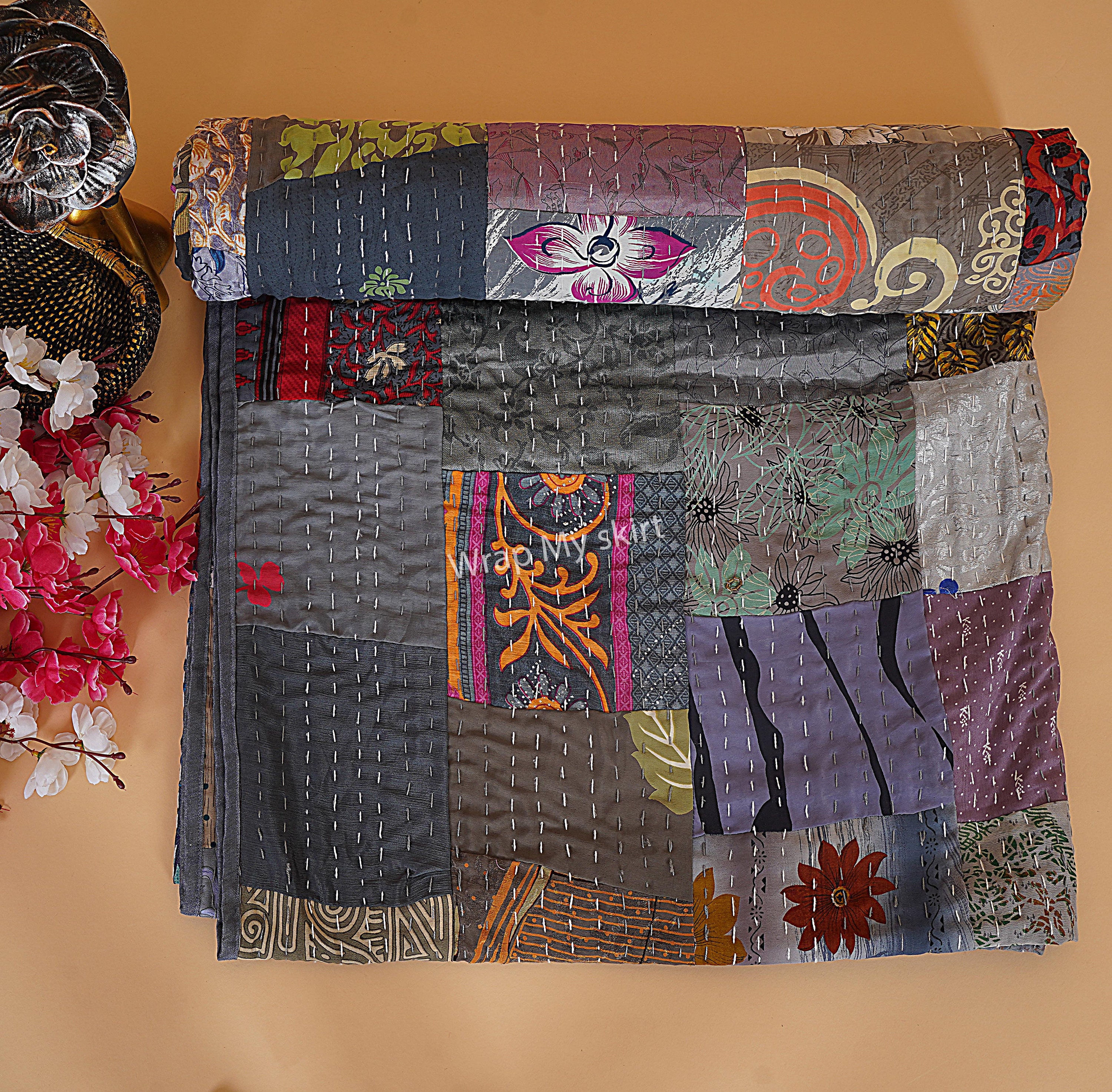 Indian Patchwork Kantha Quilt Bed Cover Throw Bedding Bedspread Quilt Bohemian Kantha Blanket Hippie Quilt