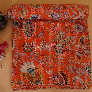 New Cotton Hand Stitched Quilt Kantha Throw Indian quilted bedding bedspread Bohemian Quilt Comforter Gifts Quilt Orange