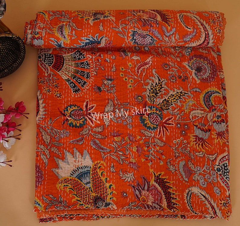 New Cotton Hand Stitched Quilt Kantha Throw Indian quilted bedding bedspread Bohemian Quilt Comforter Gifts Quilt Orange