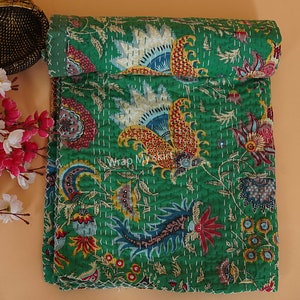New Cotton Hand Stitched Quilt Kantha Throw Indian quilted bedding bedspread Bohemian Quilt Comforter Gifts Quilt Green