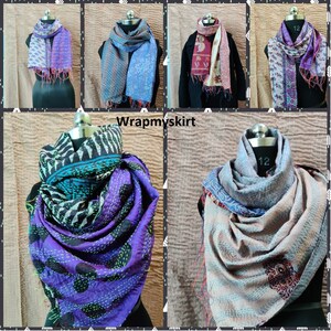 May include: A collection of six colorful silk scarves with different patterns and designs. The scarves are made of kantha stitching, a traditional Indian embroidery technique. The scarves are displayed on mannequins and are arranged in a collage format. The text "Wrapmyskirt" is visible in the center of the image.