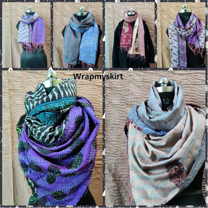 May include: A collection of six colorful silk scarves with different patterns and designs. The scarves are made of kantha stitching, a traditional Indian embroidery technique. The scarves are displayed on mannequins and are arranged in a collage format. The text "Wrapmyskirt" is visible in the center of the image.