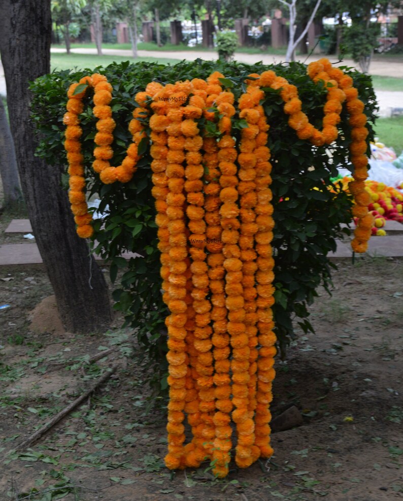 May include: A garland of orange marigold flowers, strung together in a long chain, hangs from a green bush. The garland is made of many small, round flowers, and it is a popular decoration for festivals and celebrations.