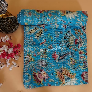 New Cotton Hand Stitched Quilt Kantha Throw Indian quilted bedding bedspread Bohemian Quilt Comforter Gifts Quilt Turquoise