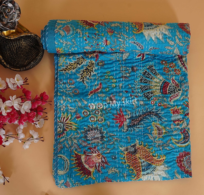 New Cotton Hand Stitched Quilt Kantha Throw Indian quilted bedding bedspread Bohemian Quilt Comforter Gifts Quilt Turquoise