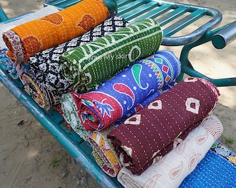 Lote al por mayor de colcha Kantha vintage india hecha a mano, manta reversible, cubrecama, tela de algodón, estilo bohemio.